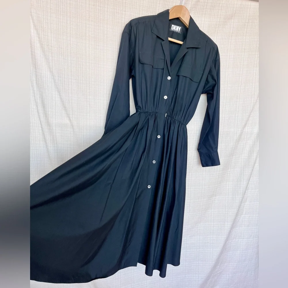 Vintage DKNY Shirt Dress Cotton Poplin Pockets Shirtwaist Dress Minimalist Rare - Picture 4 of 14